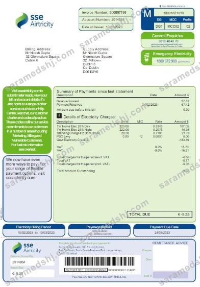AUSTRALIA SSE AIRTRICITY utility bill Word and PDF template